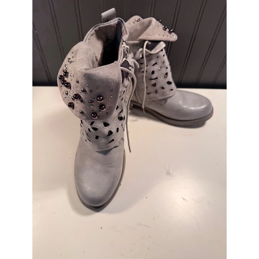 Lala Iaki Grey Studded Laser Cut Ankle Boots EU 40 Snakeskin Strap Buckle Zip